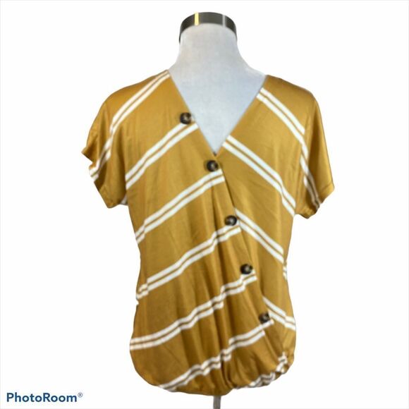 Striped Mustard Button Back Short Sleeved Blouse - Picture 8 of 9